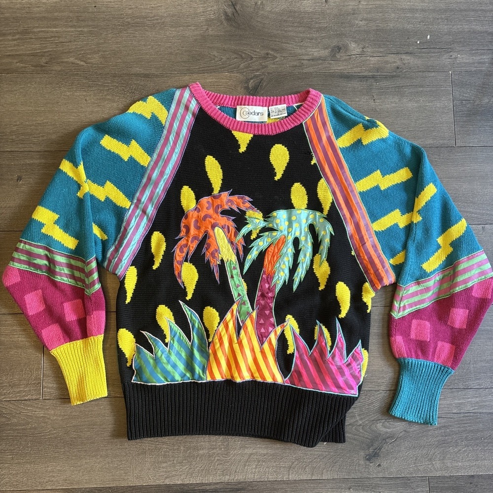 Vintage Cedars Women's Sweater Size LARGE Knit Tropical Color Block Palm Trees